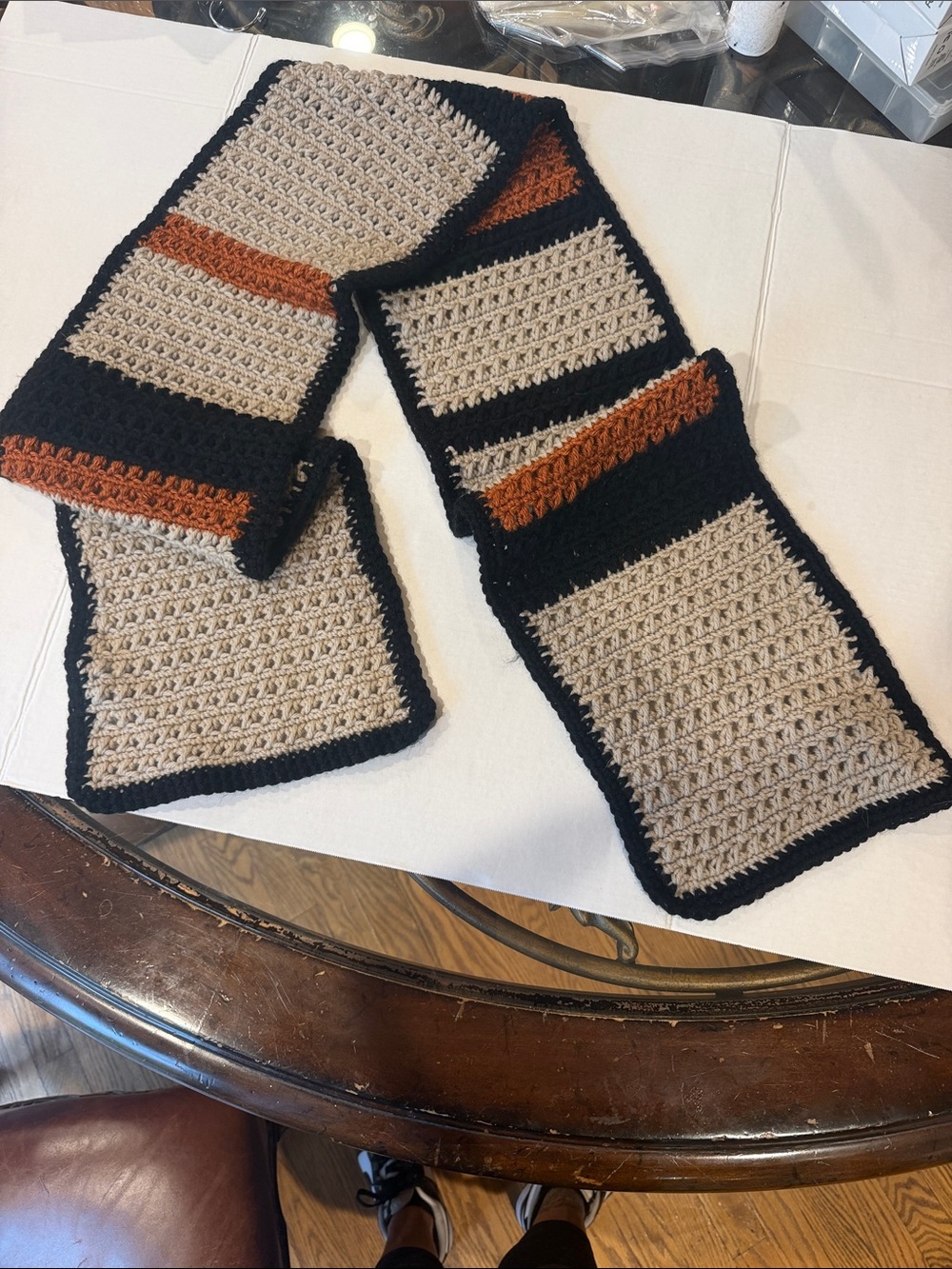 Handcrafted Black, Tan & Brown Crocheted Men's Scarf